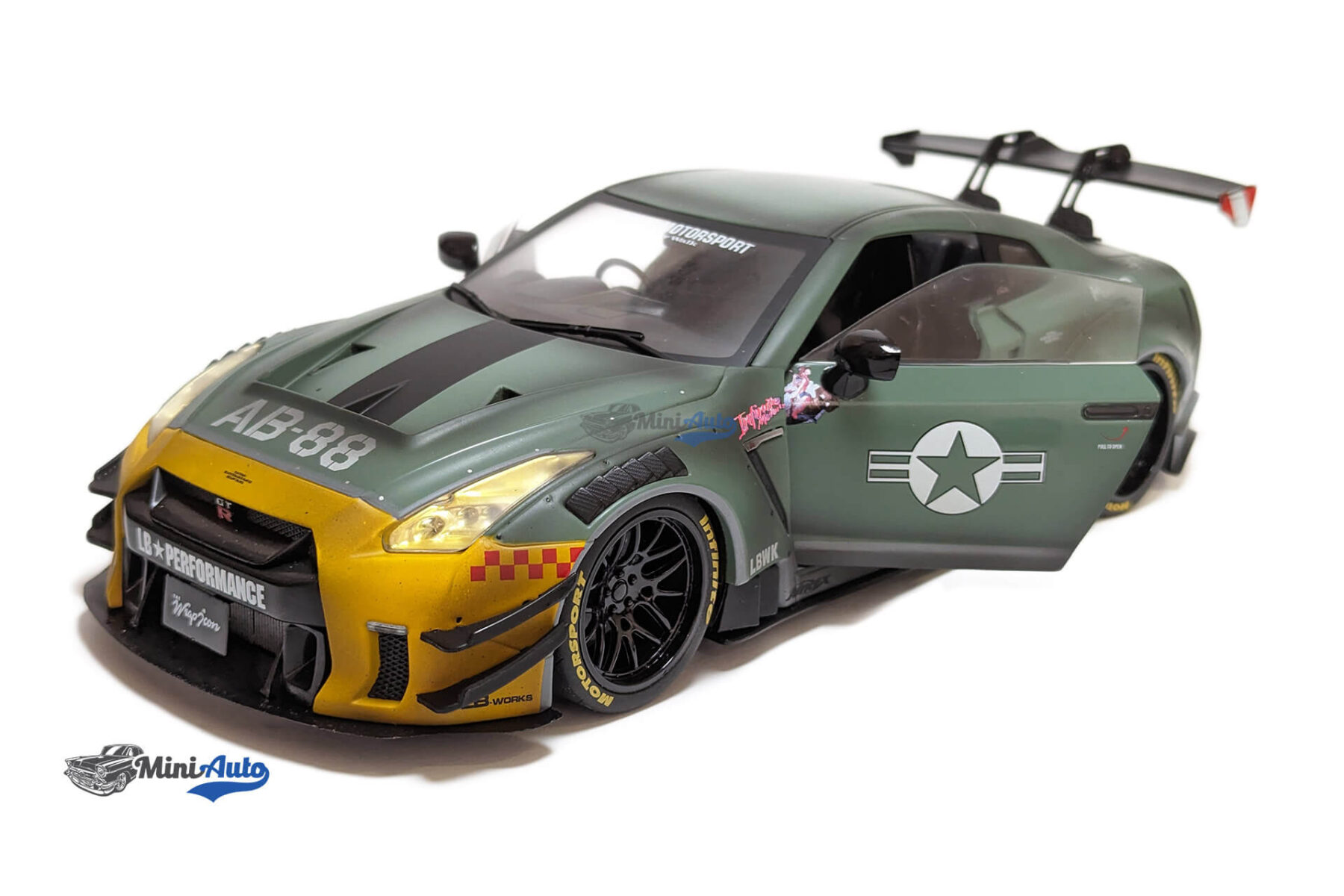 Nissan GT-R (R35) W/ Liberty Walk Body Kit 2.0 Army Fi Ghter - 2020 - Green/Grey - Image 2