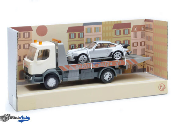 Renault Carro Attrezze truck car transporter with Porsche 911 930 3.0 Turbo Coupe - 1987 - White Silver